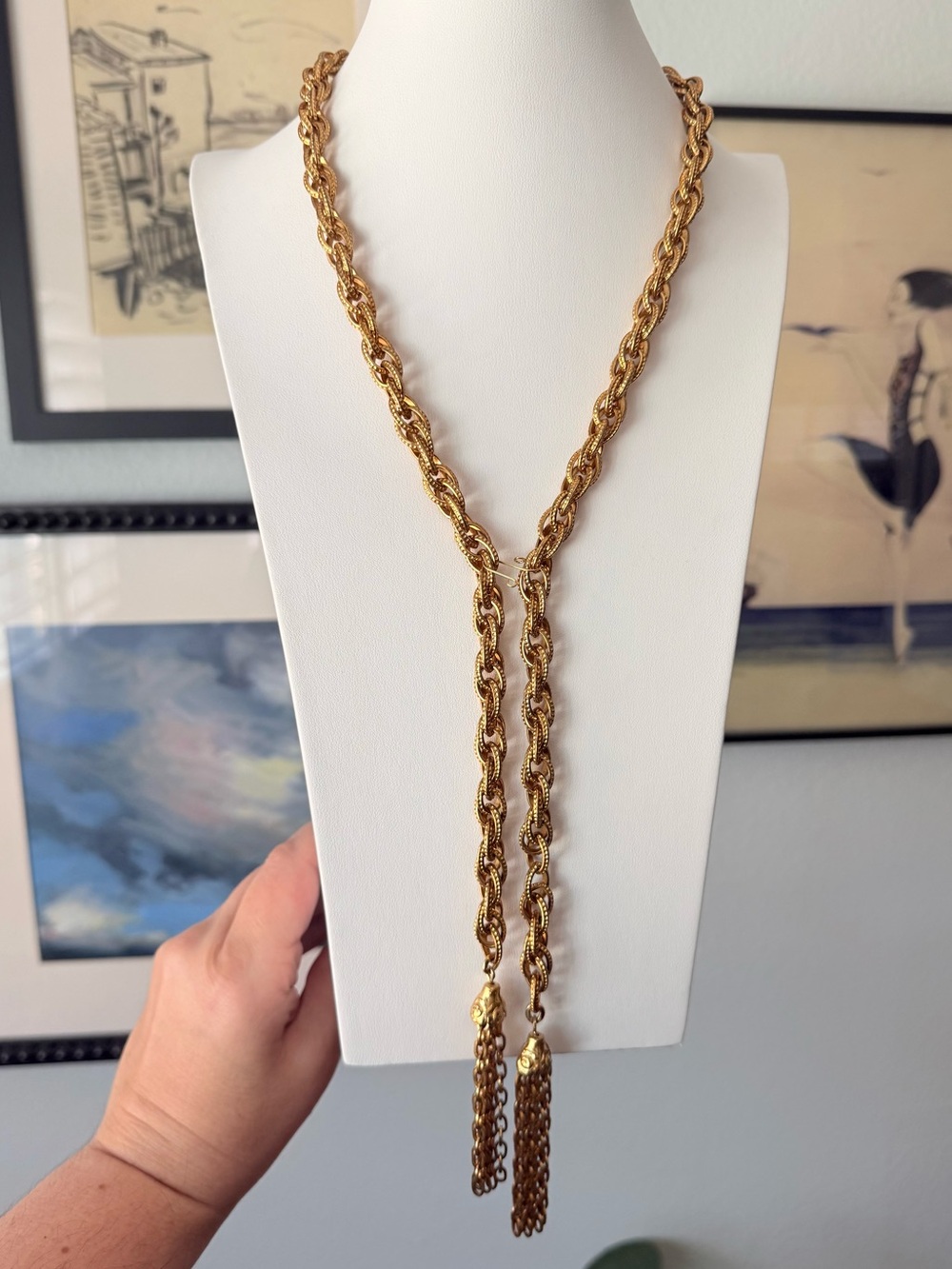 Vintage 60s Lariat Statement Necklace Gold Tone Chunky Chain Tassel Ends